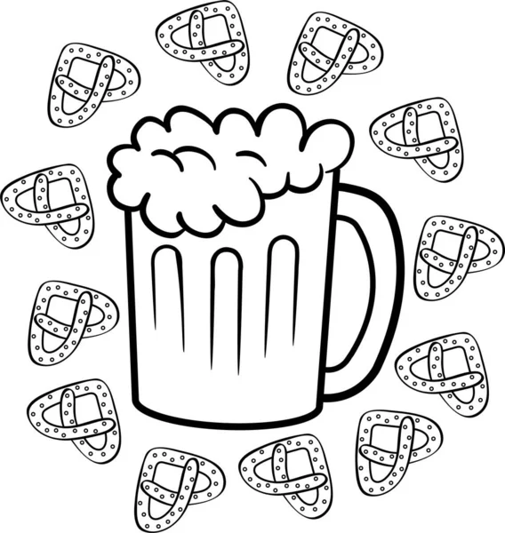 Ilustración Blanco Negro Una Jarra Cerveza Rodeada Pequeños Pretzels Ilustraciones de stock libres de derechos