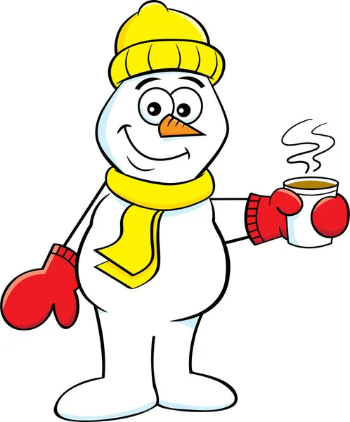 Γελοιογραφία Απεικόνιση Ενός Χαμογελαστού Χιονάνθρωπο Κρατώντας Ένα Φλιτζάνι Καφέ Ατμό — Διανυσματικό Αρχείο