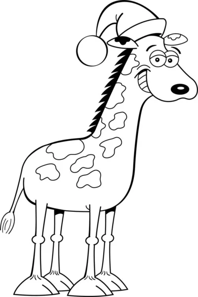 Ilustração Preto Branco Uma Girafa Sorridente Usando Chapéu Papai Noel — Vetor de Stock