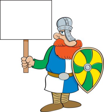 Bir Norman şövalyesinin elinde bir kalkan ve büyük bir tabela olan karikatür çizimi..