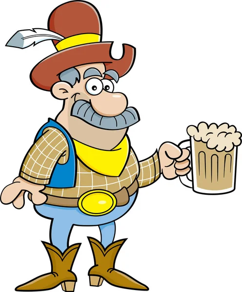 Cartoon Illustration Cowboy Large Mustache Holding Mug Beer — Stock Vector