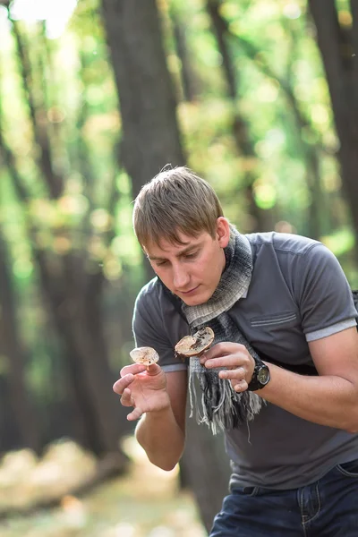 Um homem encontrou um cogumelo na floresta. — Fotografia de Stock