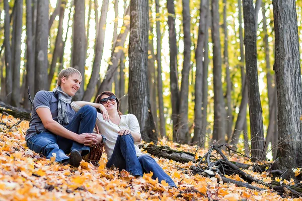 La pareja en un bosque de otoño Fotos de stock libres de derechos