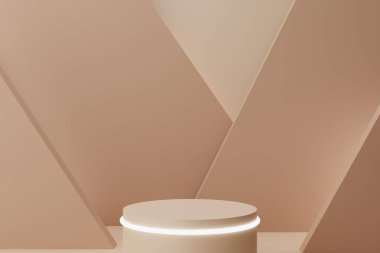 Podyum ve geometrik duvarları olan soyut bir bej arka plan. 3 Boyutlu Hazırlama.