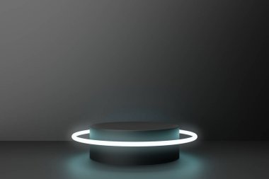 Koyu siyah odada neon ışığı olan 3D kaide, ürün sunumu için boş alan, 3D görüntüleme