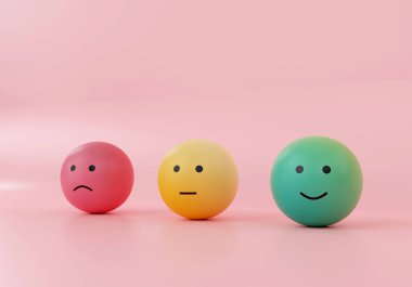 Müşteri geribildirimi, tarafsız ve üzgün olanın yanında yeşil gülen surat. 3B illüstrasyon, 3B canlandırma