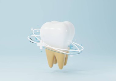 Diş beyazlatma 3 boyutlu illüstrasyon. Yarı sarı yarı beyaz diş temizleme işlemi sırasında, mavi arka plan. 3B görüntüleme