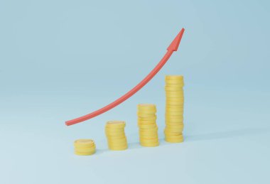 Financial and business chart of growing revenue. Coins growing in stacks with red up arrow on light background. Investment and profit increase concept. 3D rendering, 3D illustration.
