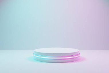 Beyaz odada parlak pembe ve mavi ışıklı kaidesi olan pastel arkaplan ürün sunumu için boş alan. 3B görüntüleme, 3B illüstrasyon