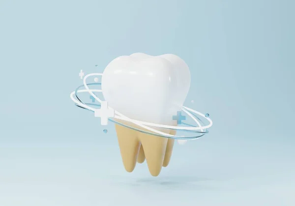 Teeth whitening 3D illustration. Half yellow half white tooth in the process of cleaning plaque, blue background. 3D rendering