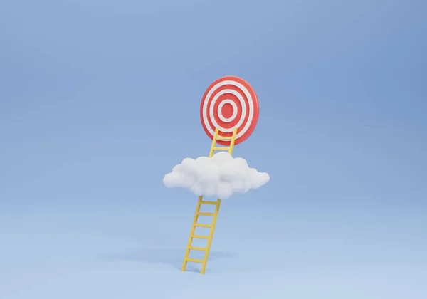 Goal reaching concept, ladder leads to high goal in the form of target, through cloud. 3D rendering.