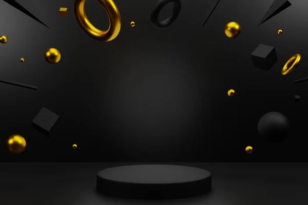 Luxurious Dark Background Black Podium Product Presentation Gold Geometric Shapes — Stock Photo, Image