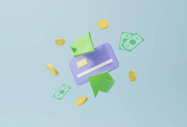 Cashback and money refund concept. Credit card among banknotes and coins on light background. 3D render, 3D illustration.