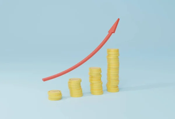 Financial and business chart of growing revenue. Coins growing in stacks with red up arrow on light background. Investment and profit increase concept. 3D rendering, 3D illustration.