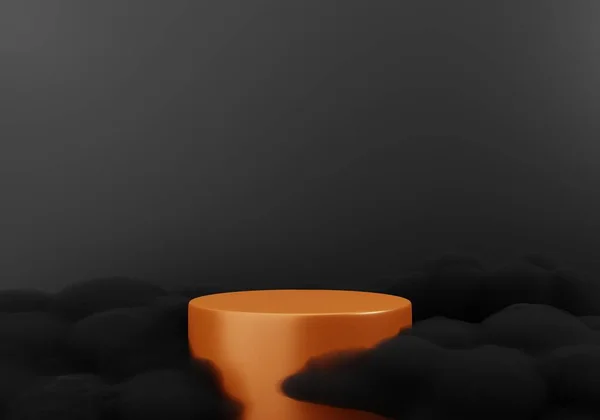 Halloween Background Orange Podium Creeping Black Fog Dark Room Rendering — Stock Photo, Image