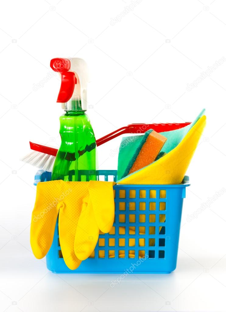 Several cleaning products in a basket