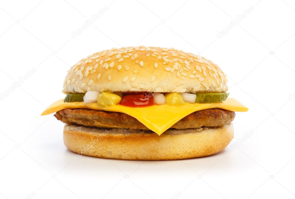 Hamburger with cheese, pickles, onion and sauce