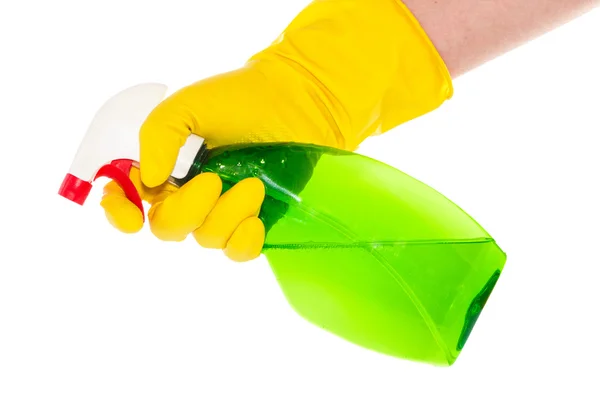 Hand with household gloves holding a spray bottle — Stock Photo, Image