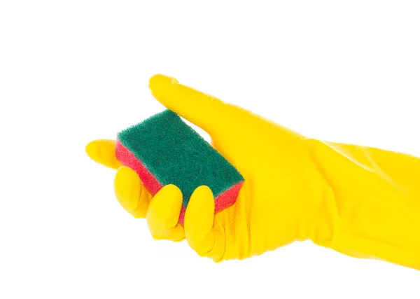 Hand in rubber glove holding red cleaning sponge — Stock Photo, Image