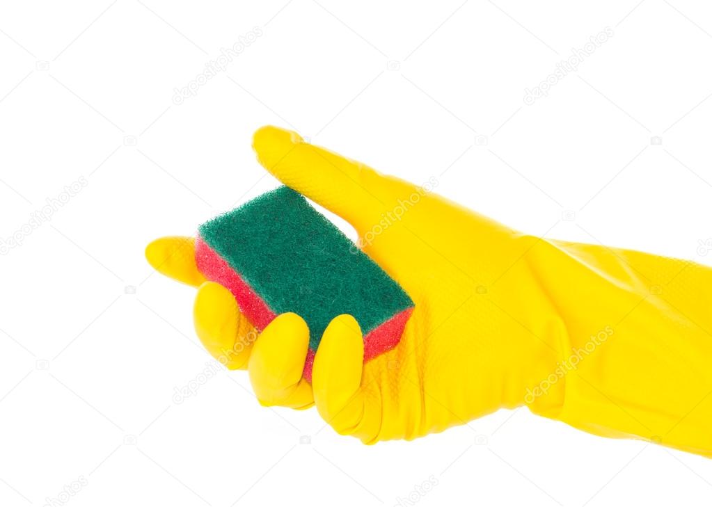 Hand in rubber glove holding red cleaning sponge