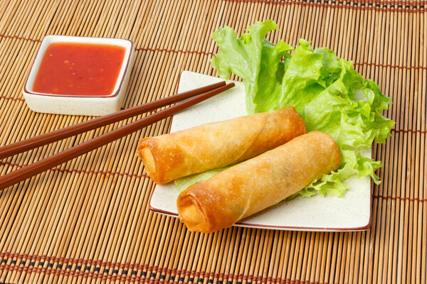 Two fried spring rolls on a plate