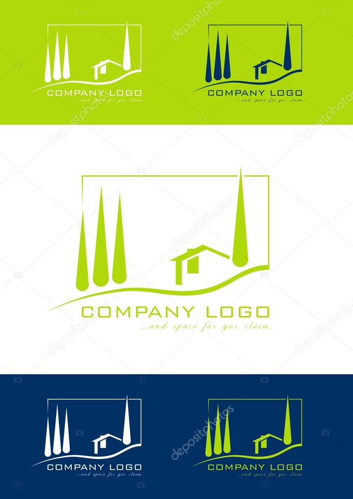 Graphically reduced illustration of a cottage and cypresses