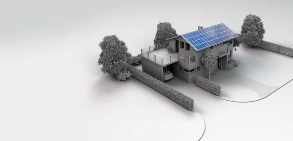 Çatıda Fotovoltaik Sistem Panelleri Vurgulanmış Modern Özel Oluşturma — Stok fotoğraf