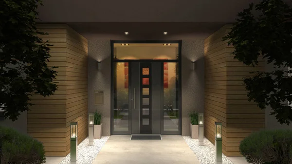 Rendering Modern Home Enttrance Front Door Yard Illuminated Night — Stock Photo, Image