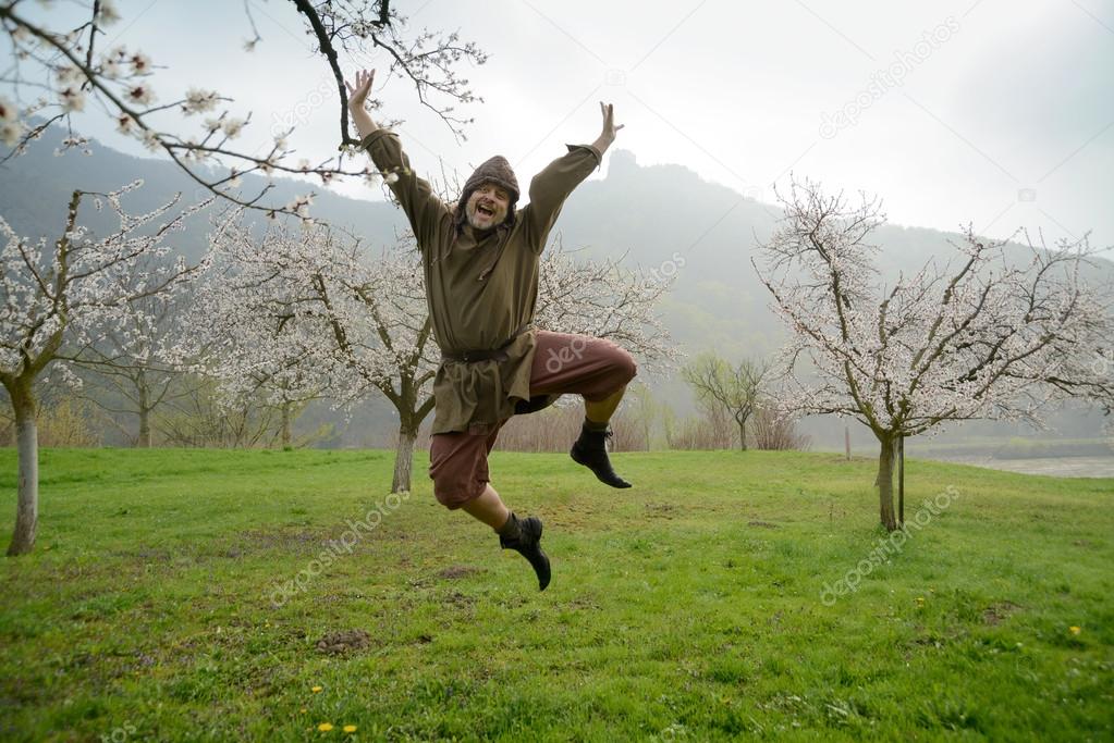 Leap of joy of medieval farmer