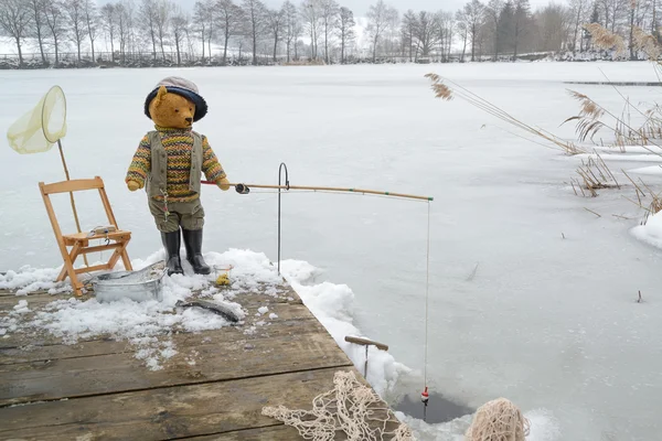 Teddy bear ice fisher Landscape — Stock Photo, Image