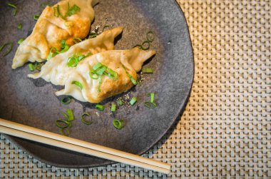 Güzel bir gyoza ya da soya soslu hamur tatlısı, seçici odaklanma, kopyalama alanı.