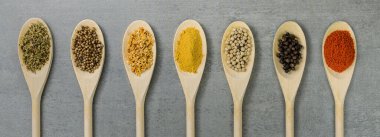 Tahta kaşıklarda çeşitli baharatlar, yukarıdan yan yana görünür.