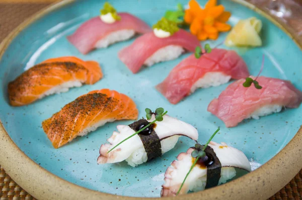 Assorted Premium Tuna Salmon Nigiri Sushi Beautifully Decorated Plate — Stock Photo, Image