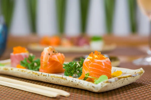 Platter Decorated Different Flavors Elegant Sushi Selective Focus — Stock Photo, Image
