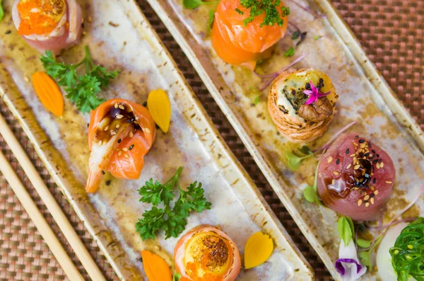 Platter Decorated Different Flavors Elegant Sushi Selective Focus — Stock Photo, Image