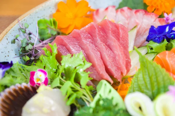 Platter Decorated Different Flavors Elegant Sashimi Sushi Salmon Tuna Halibut — Stock Photo, Image