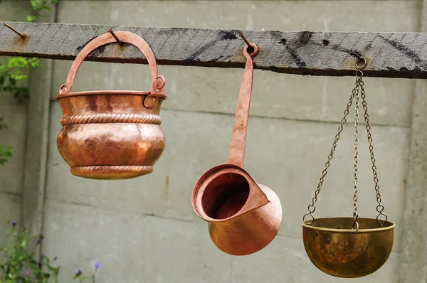 Copper pots and kettle — Stock Photo, Image