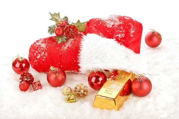 Red Boot of Santa Claus with golden gift — Stock Photo, Image