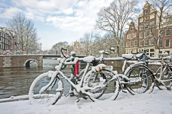 Снежный Амстердам в Нидерландах — стоковое фото
