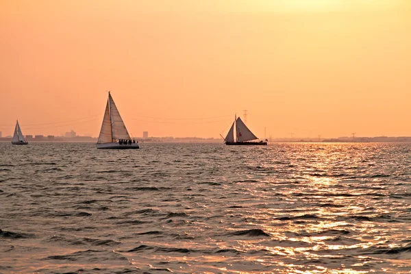 Żeglarstwo o zachodzie słońca na IJsselmeer w Holandii — Zdjęcie stockowe