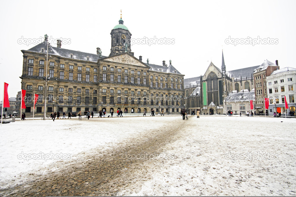 Snowy Damsquare in Amsterdam the Netherlands