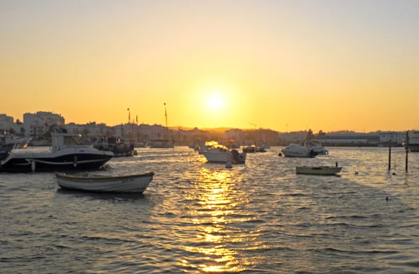 Puesta de sol en el puerto de Lagos en el Algarve Portugal — Foto de Stock