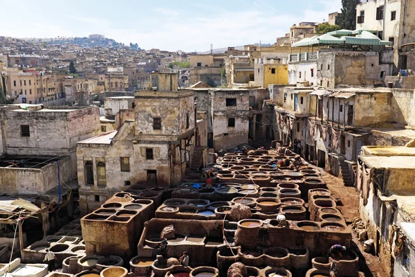 Tanneurs travaillant le cuir dans l'ancienne tannerie de Fès, Maroc — Photo