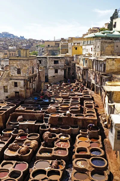 Tanneurs travaillant le cuir dans l'ancienne tannerie de Fès, Maroc — Photo