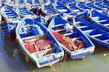 essaouira, Fas içinde bir okyanus sahillerinde mavi balıkçı tekneleri