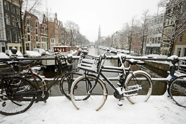 Amsterdam coperto di neve con il Westerkerk in inverno nel — Foto Stock