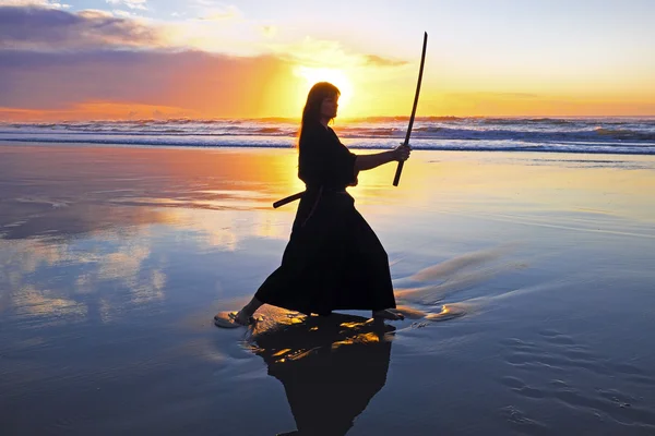 Jeunes samouraïs avec épée japonaise (Katana) au coucher du soleil sur le — Photo