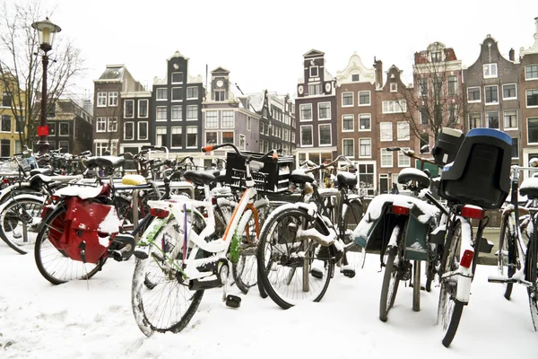Bicicletas nevadas en Amsterdam los Países Bajos —  Fotos de Stock