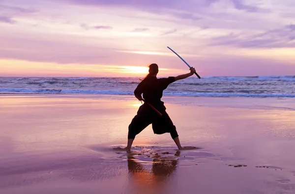 Fiatal szamuráj nő a tengerparton — Stock Fotó