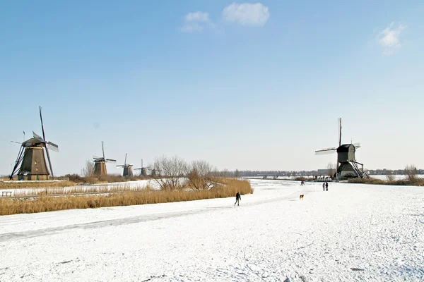 Ice skating at Kinderdijk — Stock Photo, Image